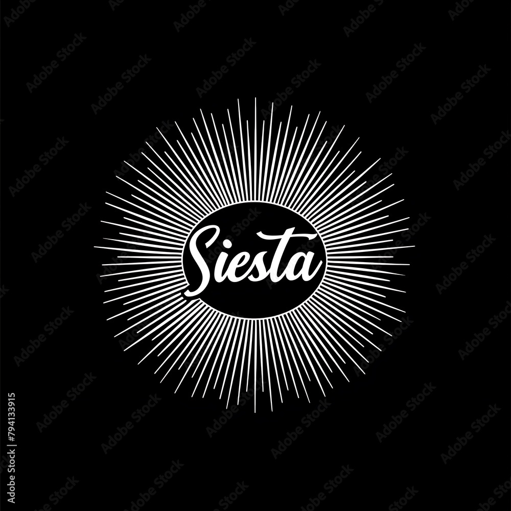Fototapeta premium A white sunburst design around an isolated word for brand name, solid background with text Siesta