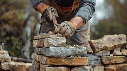 Close-up of a skilled worker laying bricks at a construction site