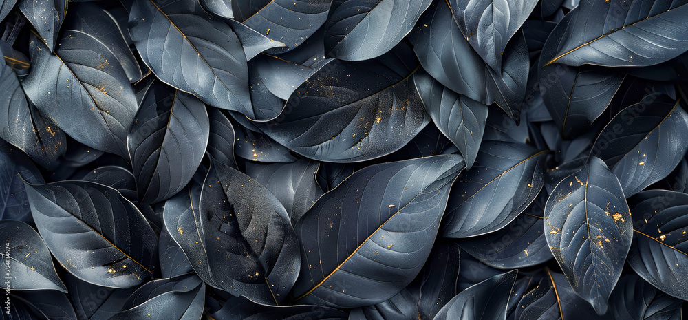 A close up of black leaves with a gold tint