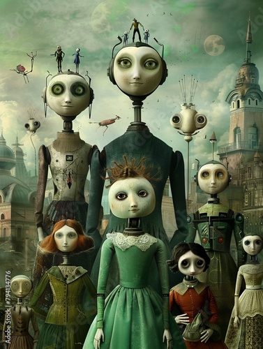 A family of steampunk robots with human faces photo