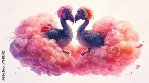 Two Dodo Birds in Love Soaring Inside a Pink Heart-Shaped Cloud Generative AI