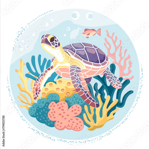 Cute waterfowl turtle swimming among coral reefs, depicted in a flat art style with pastel colors isolated on a white background. Watercolor illustration for a t-shirt, print. stickers, logo