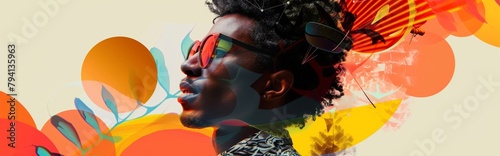 Stylish young man with sunglasses overlaid with vibrant, abstract floral elements in a dynamic, artistic and modern conceptual graphic design. Panoramic banner with african american male