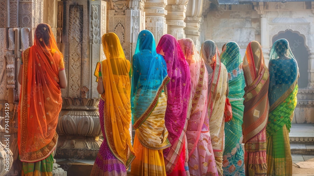 Colorful traditional saris at sunrise in cultural setting