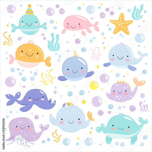Cute cartoon clipart with sea life for kids. sea animals elements isolated on white background in flat style for stickers, cards, invites and posters. Collection of ocean creatures, pastel colors