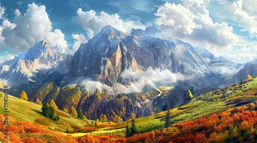 Panoramic view of majestic mountains with autumn foliage