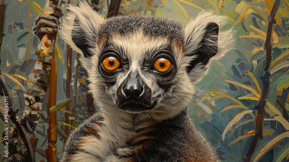 Fototapeta premium Up-close portrait of a curious ring-tailed lemur in natural habitat