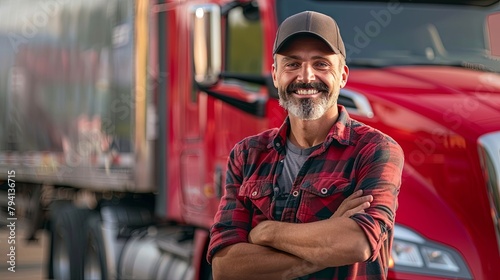 Smiling trucker next to red semi truck at sunset photo