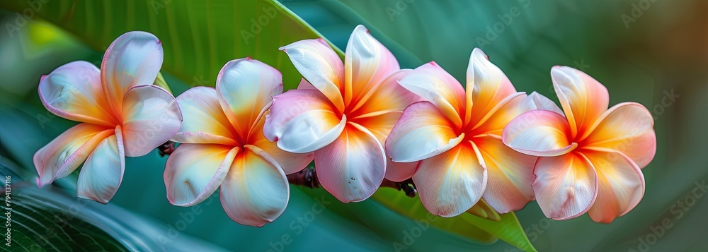 Vibrant plumeria flowers on lush green foliage backdrop