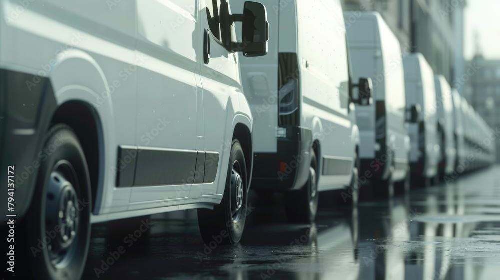 Fleet of Delivery Vans on Urban Road in Rainy Weather Fleet of Delivery Vans on Urban Road in Rainy Weather