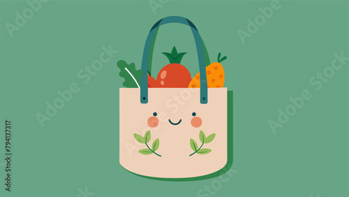 A tote bag made from recycled cotton and organic hemp featuring a fun design and sy handles for carrying groceries.