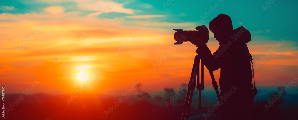 A banner Illustration of a silhouette of a young  male photographer in the Antarctic taking photographs on a tripod at sunset, snowy landscape, overlooking snowy mountains and above the clouds