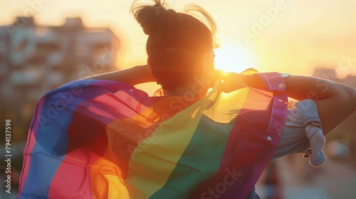 Close-up of a transgender person adjusting their rainbow flag draped around their shoulders, blurred urban background, sunset light. photo