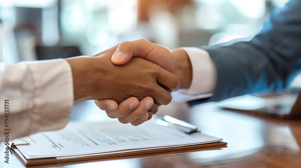 Close-up of hands exchanging a handshake over a signed contract, with blurred office setting in the background, suitable for finance and agreements.