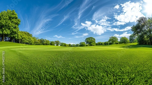 Panoramic View of a Lush Green Golf Course from the Tee Generative AI