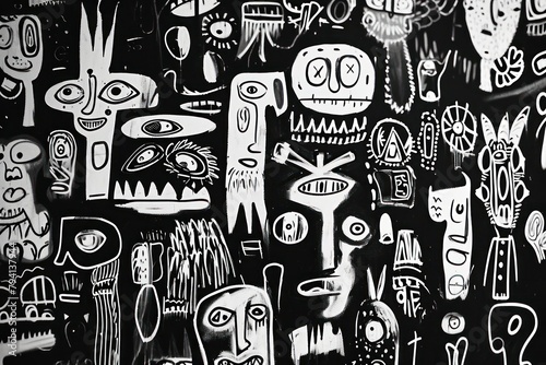 Cartoon face doodles white on black wall funny abstract weird monster creature