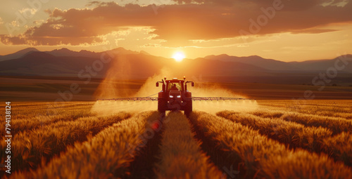 A tractor is spraying a field of wheat
