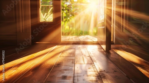 Golden Hour Sunlight Streaming through Rustic Cabin Window