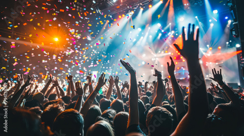 Crowd raising their hands and enjoying great festival party in a concert hall. Fans raising hands up during concert or festival. people with hands up, dancing and enjoying the music at a party