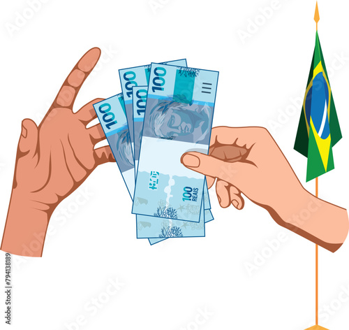 Imagem que captura o momento em que uma pessoa recebe uma nota de 100 reais. O foco está nas mãos trocando a moeda, simbolizando as transações financeiras no Brasil