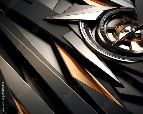 Angular abstract composition with a metallic finish, suitable for an upscale automotive brand advertisement or a luxury watch catalog photo