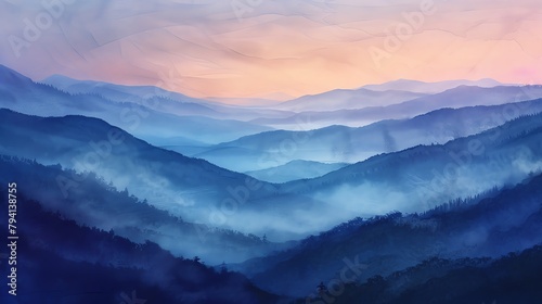 Misty hills at dawn with layers of fog and a palette of soft pastels, ideal for tranquil, calming background images.