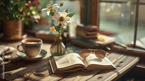 An illustration of a pair of sunglasses sitting on two books next to a cup of coffee on a summers day with a vase containing pretty white flowers 