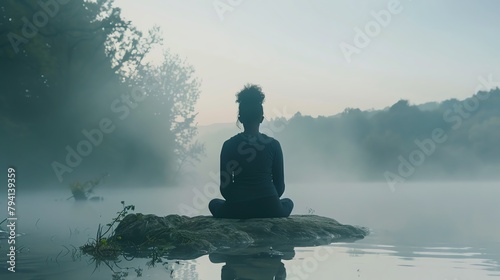 Young adult attending a peaceful meditation session in a tranquil outdoor setting, sitting in lotus position, early morning mist.