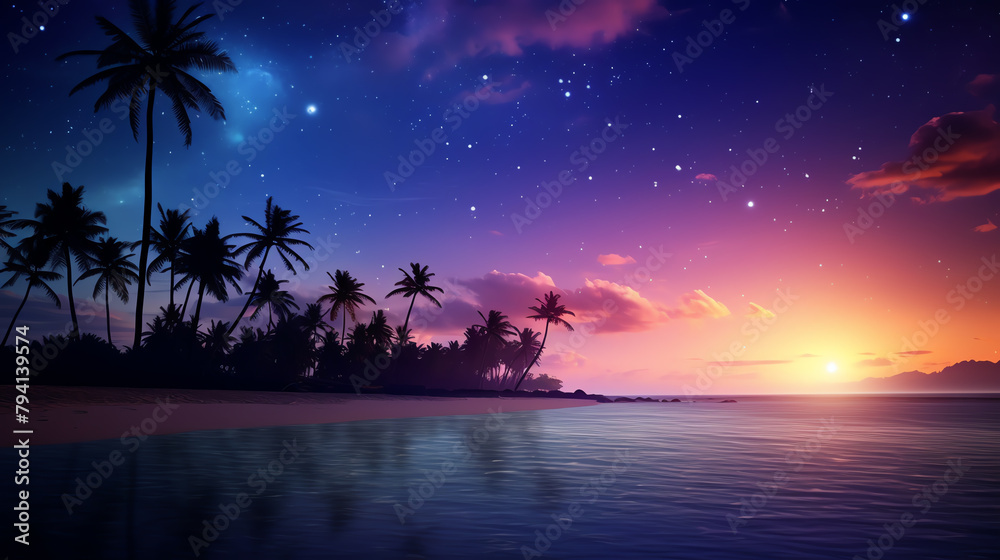 Starstudded tropical night sky over a calm beach, with palm trees silhouetted against the Milky Way, perfect for romantic travel destination posters or astronomy event flyers