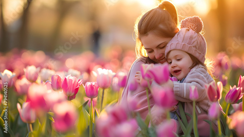 Little child with tulips flowers spending time with mother on Mother's Day #794140525