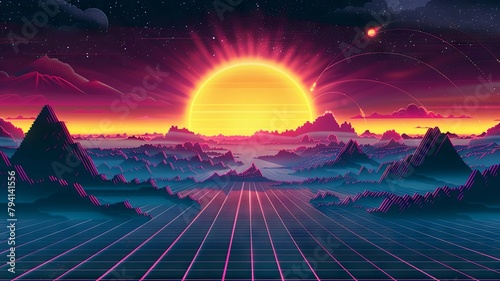 Retro Futuristic Landscape with Vibrant Sunset and Geometric Grid