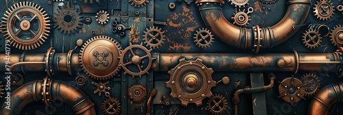 Steampunk Gears and Pipes Intricate Mechanical Wallpaper with Ample Copy Space for Design or Decor Elements