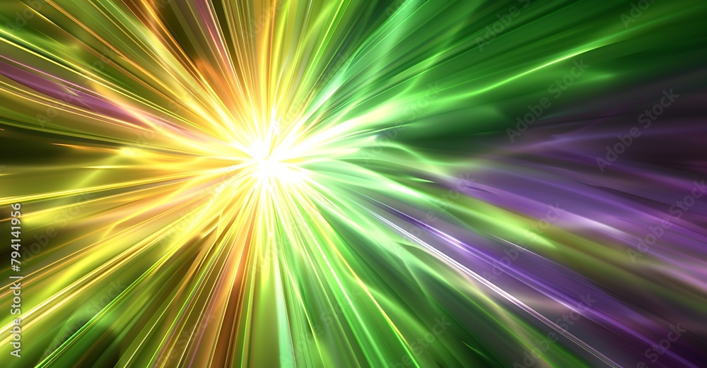Bright green, yellow and purple rays of light radiating from the center of an abstract background. Bright green, yellow and purple rays of light radiating from the center of an abstract background.