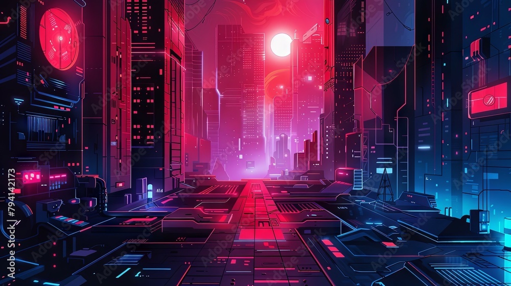 Vibrant Cityscape Nightscape with Futuristic Neon Skyscrapers and Glowing Infrastructure - obrazy, fototapety, plakaty 
