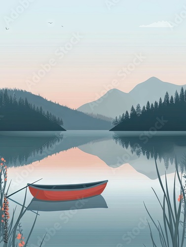 Tranquil Lakeside Landscape with Reflective Waters and Towering Mountains in the Distance Ideal for Wallpaper or Design Backgrounds