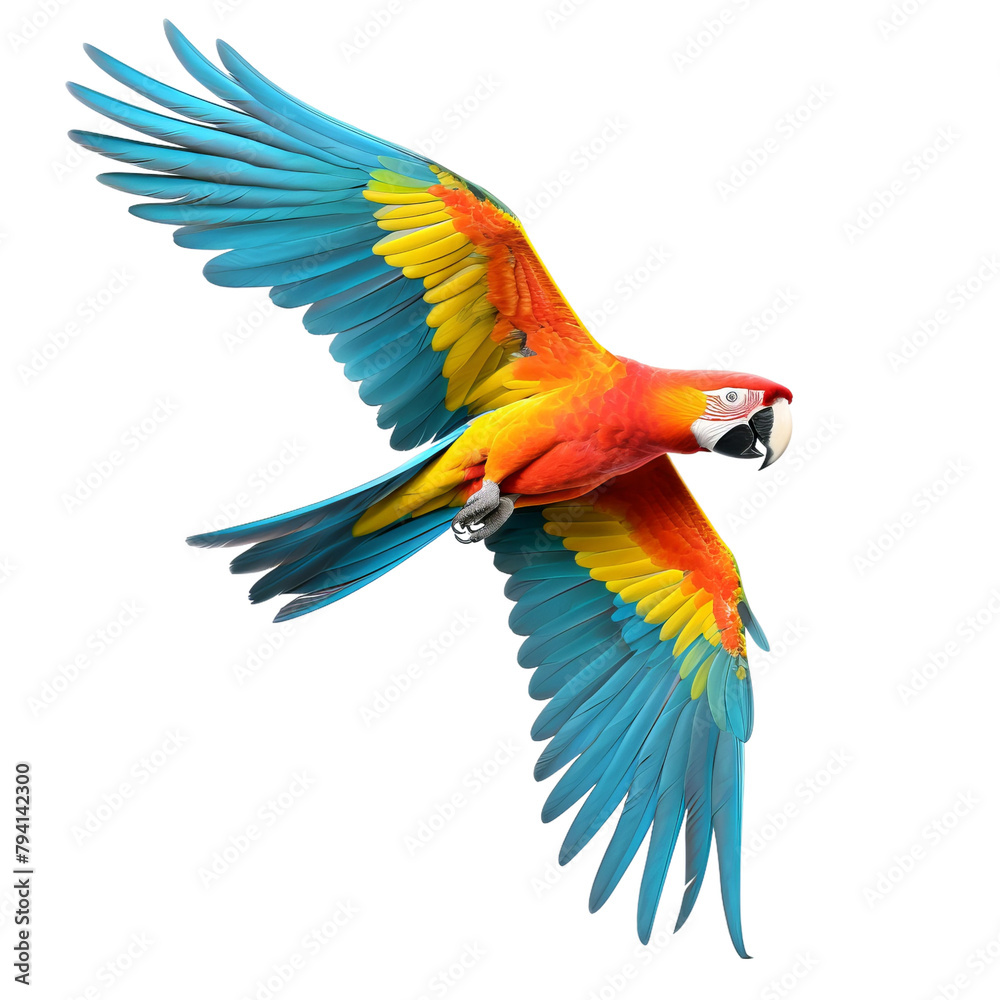 blue and yellow macaw on white background