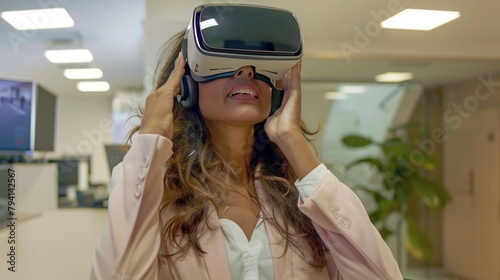 Young hispanic woman architect using virtual reality glasses