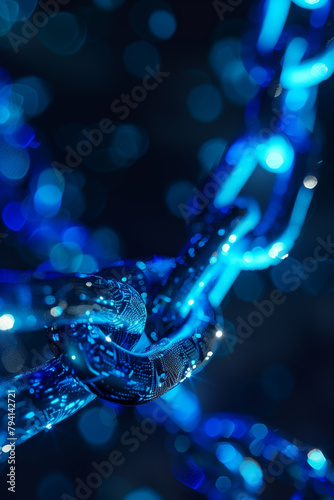 Macro shot of blue glowing chain links, ideal for tech themes.