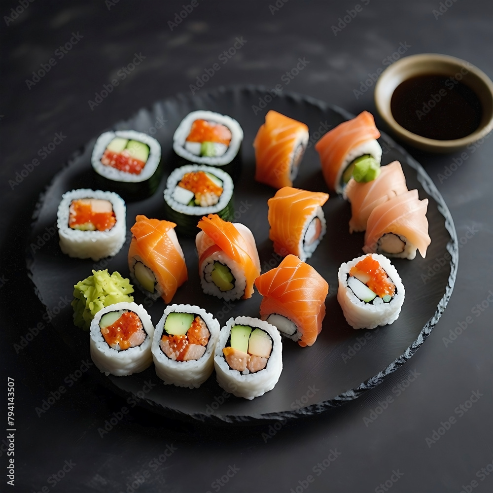 Plate of gourmet sushi rolls arranged artfully on a slate platter