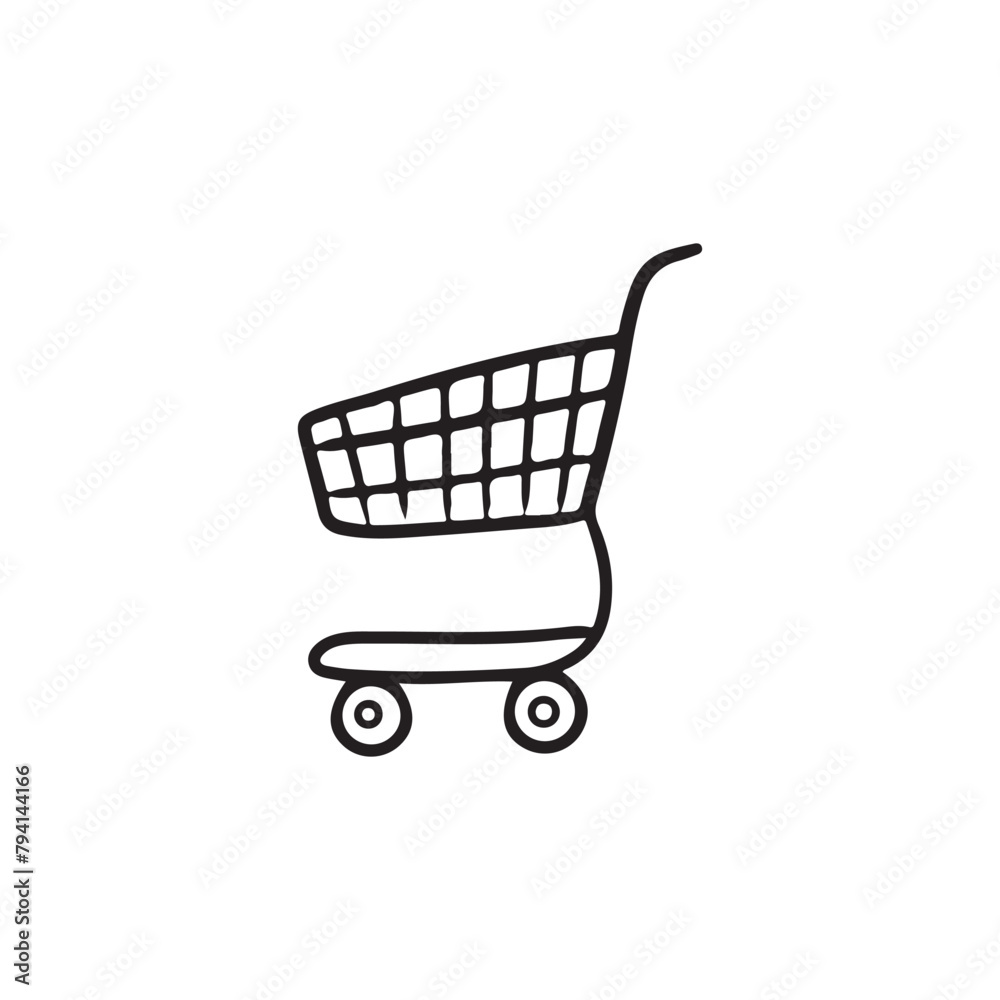 Empty shopping cart in black isolated on white background. Hand drawn ...