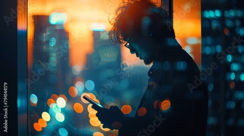 A man is looking at his phone in front of a window at night.