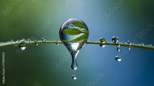 Large, perfectly spherical drop of water hangs suspended from thin green stem. Several smaller water drops visible on stem, appear to be dripping down.