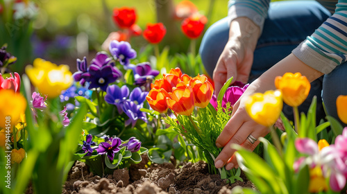 Close-up of woman planting vibrant tulips and daffodils in sunny garden.