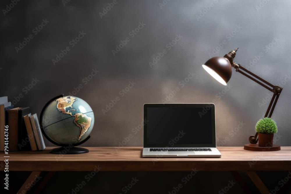Fototapeta premium Desk with lighted table lamp, laptop, books and a globe