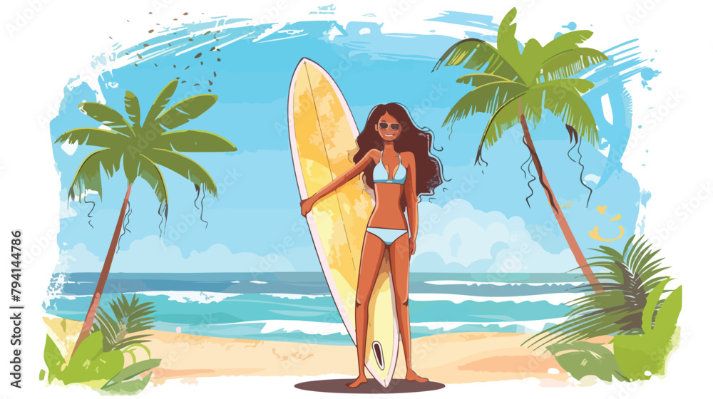 Adventurous surfer smiling on sunny beach with her su