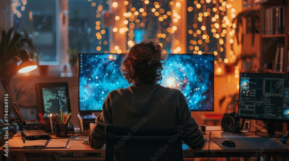 A man sits at his computer desk in a dark room illuminated by the lights of his monitors and fairy lights.