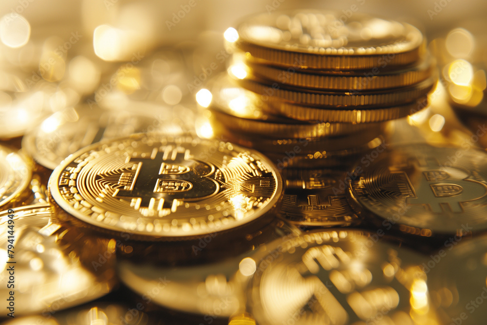 Close-up of Bitcoin coins stack with golden bokeh, ideal for finance and technology themes. Close-up of Bitcoin coins stack with golden bokeh, ideal for finance and technology themes.