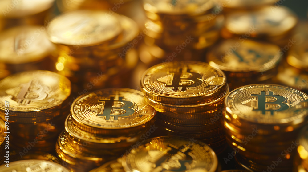 Pile of golden bitcoins with a shallow depth of field. Pile of golden bitcoins with a shallow depth of field.