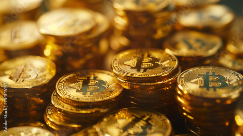 Pile of golden bitcoins with a shallow depth of field.