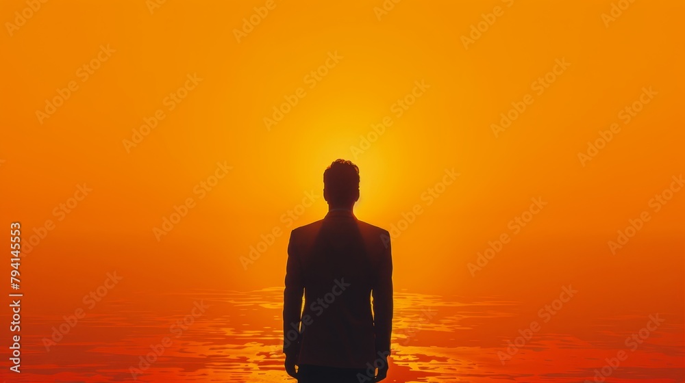 A man standing alone in a vast field of wheat, looking out at the setting sun.